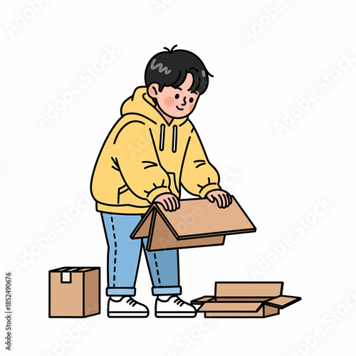 Illustrative depiction of a youthful individual assembling or organizing delivery boxes