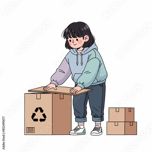 Illustration of a young woman packing cardboard boxes, symbolizing moving or shipping