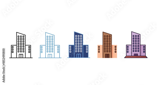 Five colorful building illustrations