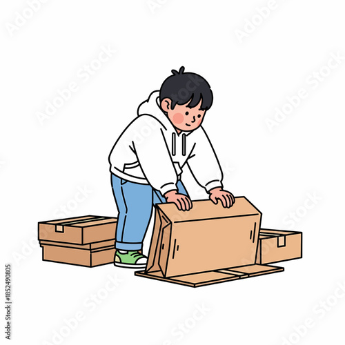 Youth efficiently preparing cardboard boxes for storage or eco-friendly recycling and home organization