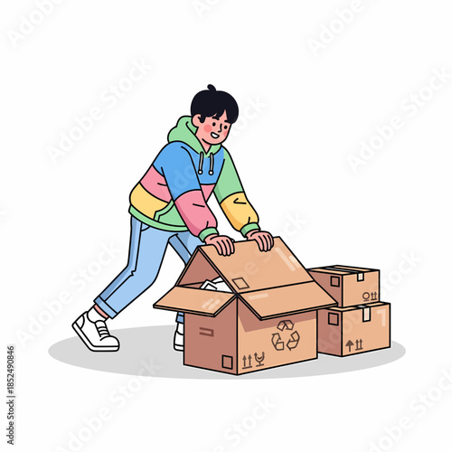 Energetic person efficiently packing or unpacking personal items from sturdy cardboard boxes