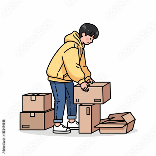 Young person in a yellow hoodie packing boxes, illustration