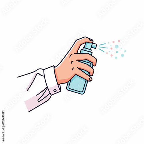 Hand spraying liquid from a bottle, isolated on white background, illustration