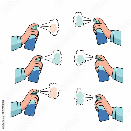 Hand spraying disinfectant aerosol in multiple shots with abstract clouds of spray