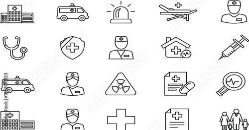 Set of medical icons, healthcare symbols, hospital elements, ambulance emergency, doctor, nurse, stethoscope, pharmacy, first aid, clinic, and medicine outline vector (21 words)
