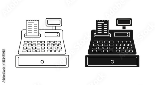Two cash registers in black and white line art