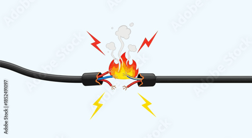Electric cable on fire with sparks and lightning light blue background
