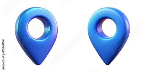 Two glossy blue map pin icons isolated on a transparent background, featuring modern 3D design for navigation, location tracking, travel apps, and digital interface elements