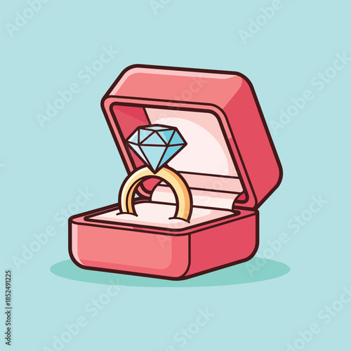 Cartoon diamond engagement ring in open red gift box.