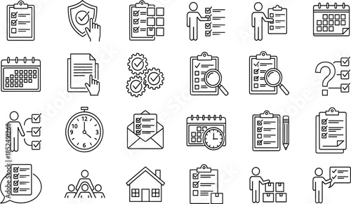 Set of quality assurance icons, management symbols, checklist, task management, project planning, audit, document verification, time tracking, and professional business (21 words)