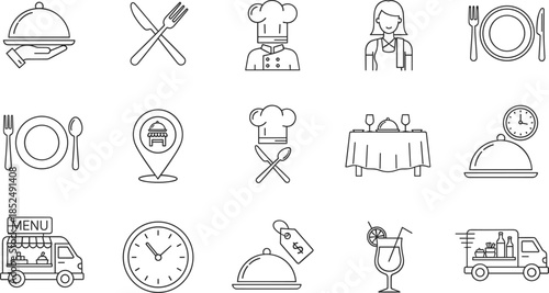 Set of restaurant icons, food service symbols, professional chef, waitress, dining table, menu, delivery truck, cocktail, cutlery, and cafe outline (21 words)