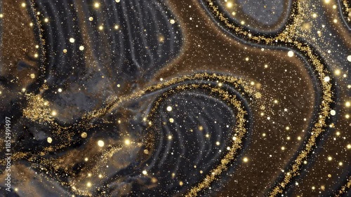 Mesmerizing abstract dark granite design featuring sparkling mica flakes, swirling patterns, and luxurious gold accents, creating elegant visual effect for various projects