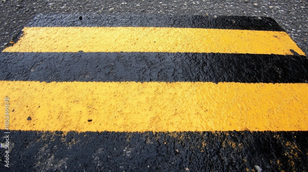 Fototapeta premium Bright yellow and black stripes on a wet asphalt surface create a bold warning pattern