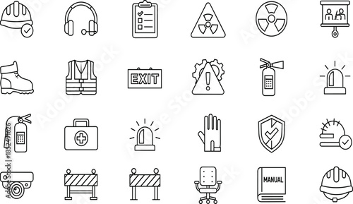 Set of safety icons, occupational health symbols, industrial protection elements, helmet, vest, fire extinguisher, first aid, security camera, and emergency exit (21 words)