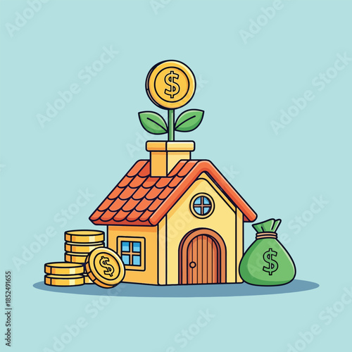 Cartoon house with money plant, coins, and money bag illustrating financial growth.