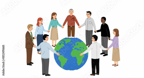 Diverse group of people holding hands around the globe