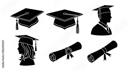 Graduation icons including caps and diplomas in black