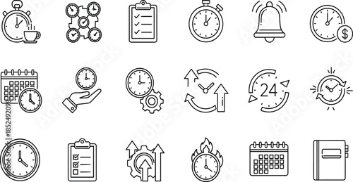 Set of time management icons, productivity symbols, clock, stopwatch, calendar, deadline, twenty four hours, appointment, schedule, alarm bell, and efficiency (21 words)