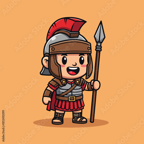 Chibi Roman legionary cartoon character with helmet and spear.