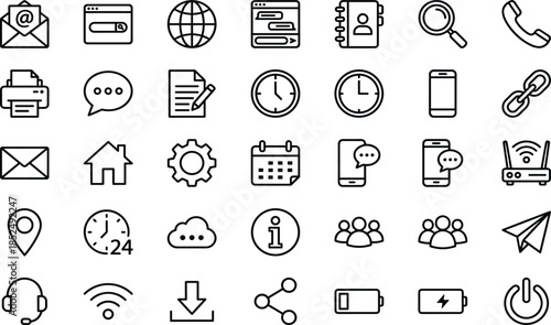 Set of universal interface icons, communication symbols, web elements, email, home, settings, global network, location, time management, and essential business tools (21 words)