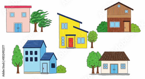 Colorful illustration of various houses with trees