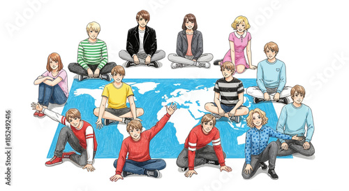 Diverse group of children sitting on and around a world map