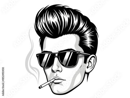 Young man with slicked back hair wearing sunglasses and smoking a cigarette