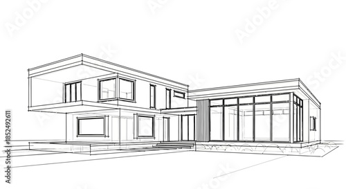 Modern twostory house with large windows and flat roof design