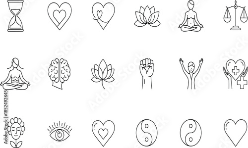 Holistic Wellness And Mental Health Icon Set Featuring Yoga Meditation, Lotus Flowers, Heart Symbols, Brain Balance, Yin Yang, And Spiritual Harmony