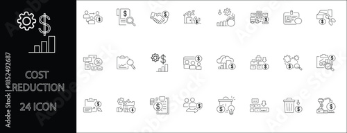 Cost Reduction Icon Set. Features icons of financial savings, expense management, budget optimization, business efficiency, and profit growth. Perfect for corporate, accounting, and investment project