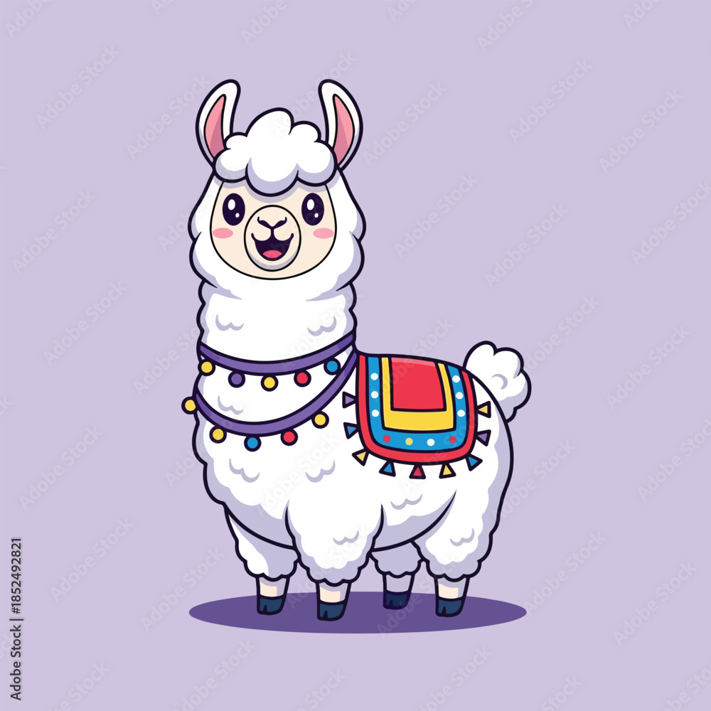 Fototapeta premium Cute Cartoon Llama with Colorful Blanket and Festive Decorations.