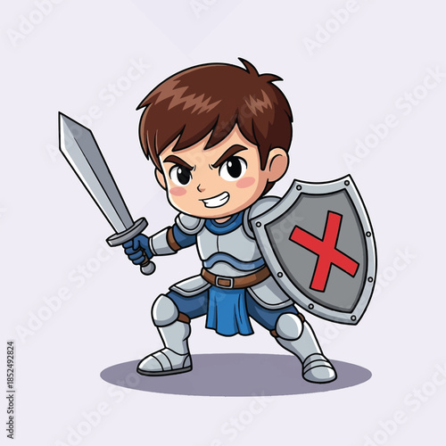 Cute cartoon knight boy in silver armor holding sword and shield with red X.