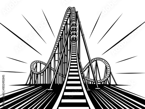 Amusement park roller coaster ride with passengers on a track