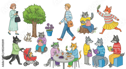 Whimsical illustration of wolves and people in a park with tree and flowers