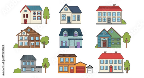 A collection of houses and trees in a colorful illustration