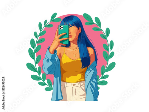 Young woman with blue hair taking a selfie with a smartphone, stylized illustration