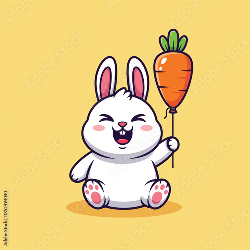 Cute cartoon white rabbit happily holding an orange carrot balloon, smiling widely.
