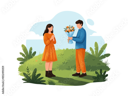 Couple exchanging flowers in a park with a man giving a woman a bouquet of flowers