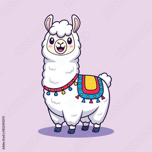Cute cartoon white llama with colorful patterned blanket and tassels.