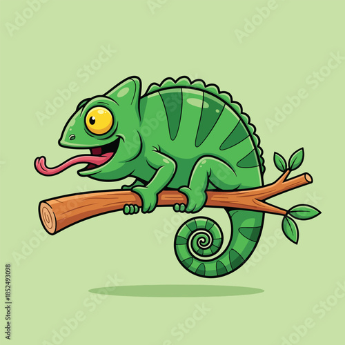 Cute green cartoon chameleon with big yellow eyes and long tongue sitting on a tree branch.