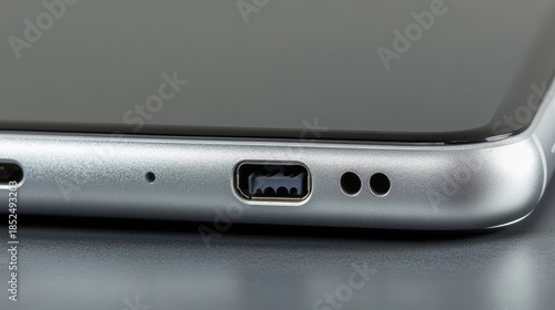 Wallpaper Mural Close up view of a silver electronic device showing its charging port and microphone holes with a gray background Torontodigital.ca