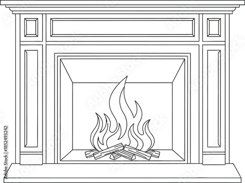 Fireplace outline drawing, cozy home heating, burning wood logs in hearth, classic architectural element
