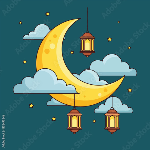 Golden crescent moon with hanging lanterns, fluffy clouds, and twinkling stars.