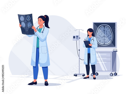 Two doctors examining brain scans in a hospital setting with medical equipment