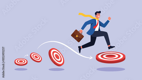 Determined businessman jumping across multiple targets, striving for business success and career goals.
