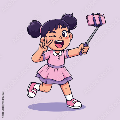 Happy Cartoon Girl Winking and Making Peace Sign While Taking Selfie with Phone on Stick.