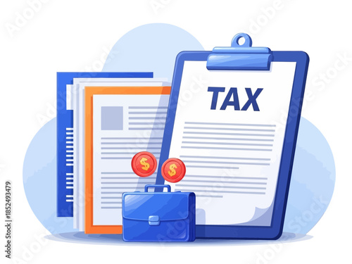 Tax documents and calculator on a clipboard with a briefcase and coins