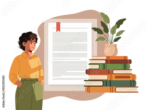 Woman reading a book with a stack of books and a plant on a desk