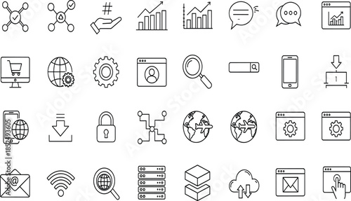 Vector line icon set for digital marketing, SEO, web development, data analytics, cloud computing, and internet technology symbols.