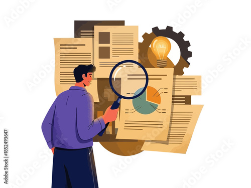 Businessman analyzing documents with a magnifying glass